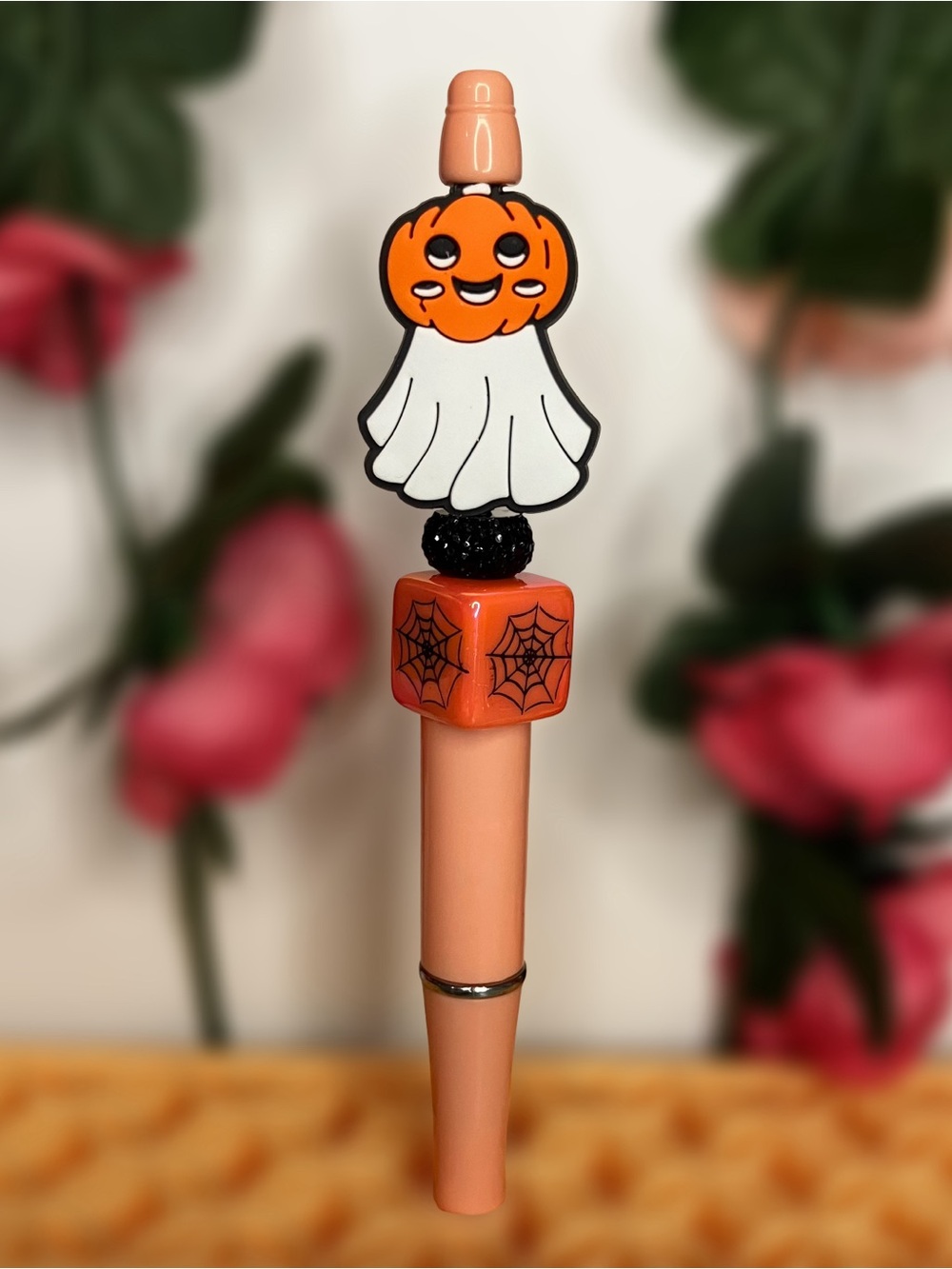 Halloween Pumpkin Ghost with Spiderweb Cube Handmade Beaded Pen